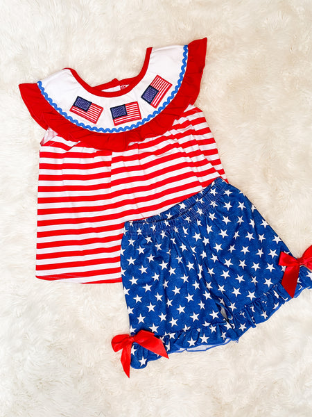 Girls Red/Blue Patriotic Embroidery Short Set