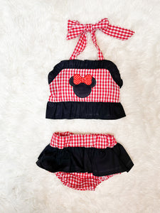 Girls Red Gingham Mouse Applique Two Piece Swim