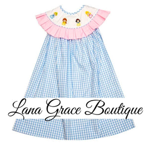 Girls Blue Check Princess Shadow Embroidery Bib Dress