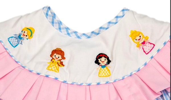 Girls Blue Check Princess Shadow Embroidery Bib Dress