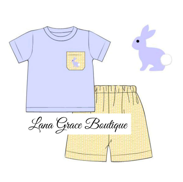Boys Blue/Yellow Seersucker Easter Bunny Short Set