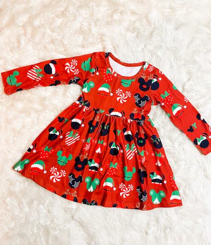 Girls Red Printed Minnie Christmas Milk Silk Dress