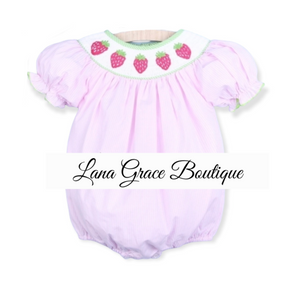 Girls Pink Gingham Smocked Strawberry Bubble