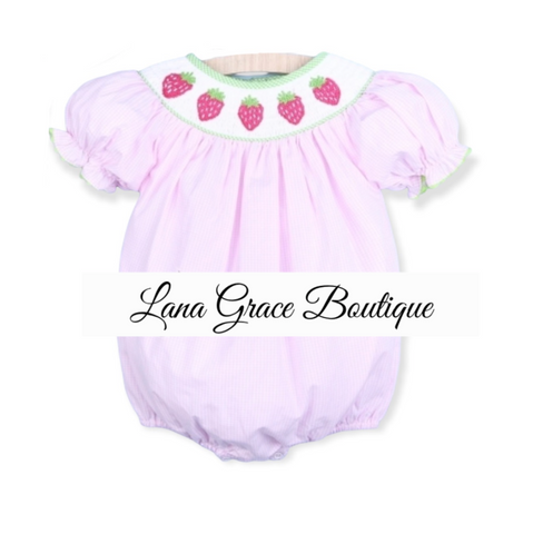 Girls Pink Gingham Smocked Strawberry Bubble
