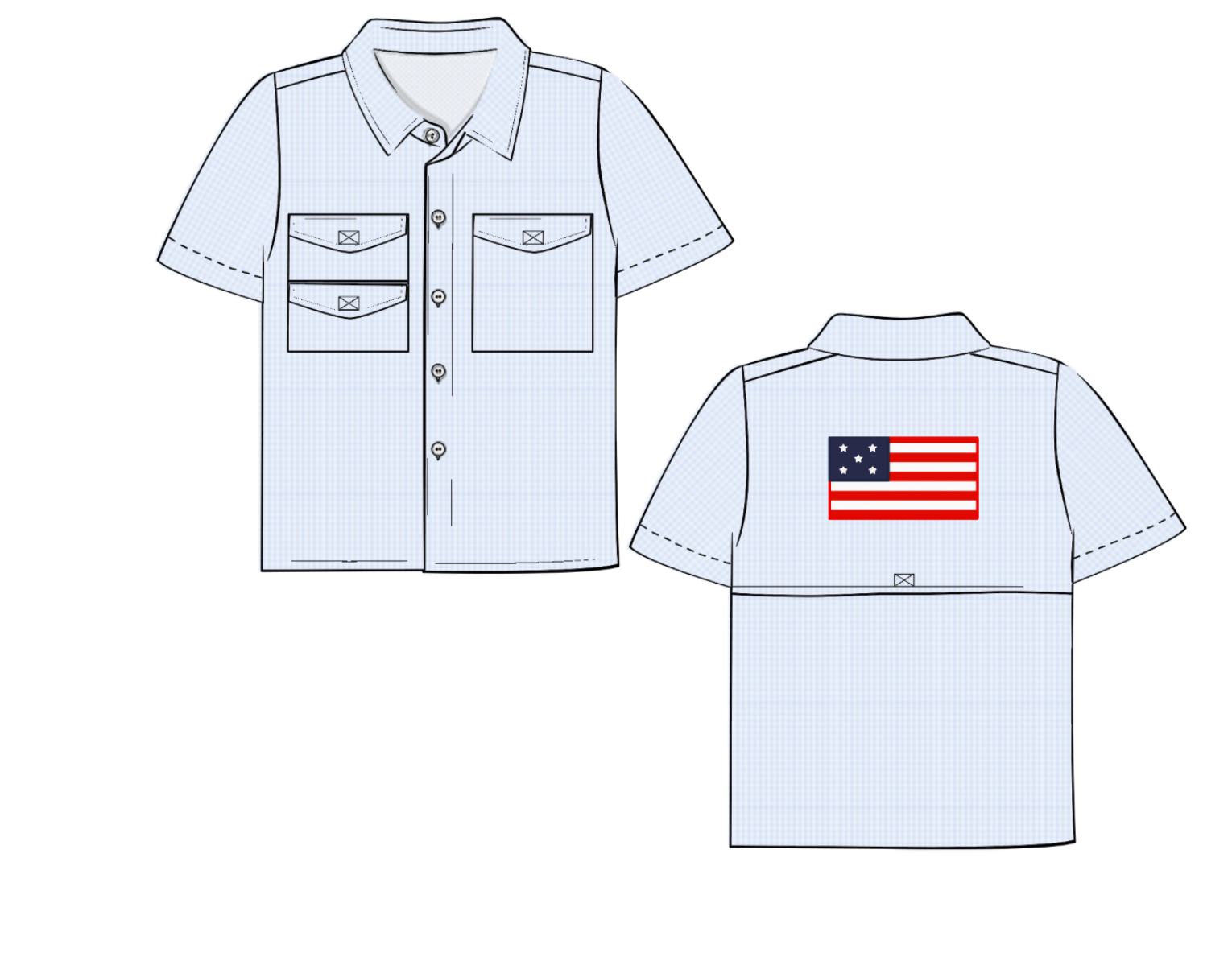 Boys Blue Check American Flag Patriotic Applique Button Down Shirt
