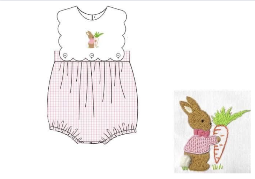 Girls Pink Gingham Sweet Bunny Embroidery Bubble