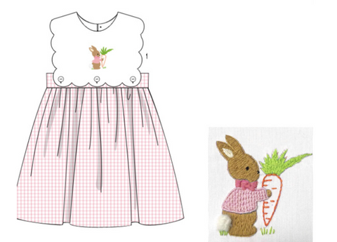 Girls Pink Gingham Sweet Bunny Embroidery Dress