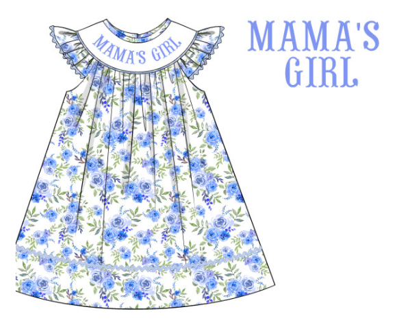 Girls Blue Floral Smocked Mama's Girl Dress