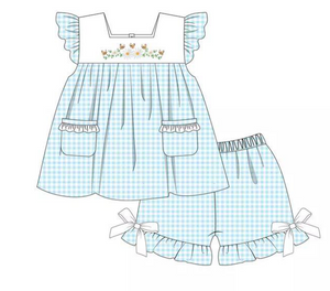 Girls Blue Gingham Floral & Butterfly Embroidery Short Set