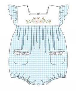 Girls Blue Gingham Floral & Butterfly Embroidery Bubble