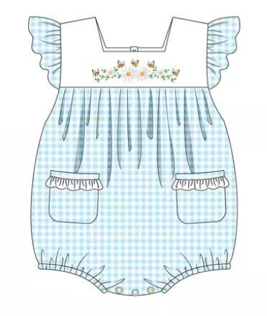 Girls Blue Gingham Floral & Butterfly Embroidery Bubble