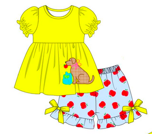 Girls Yellow/Blue School Puppy Embroidery Short Set