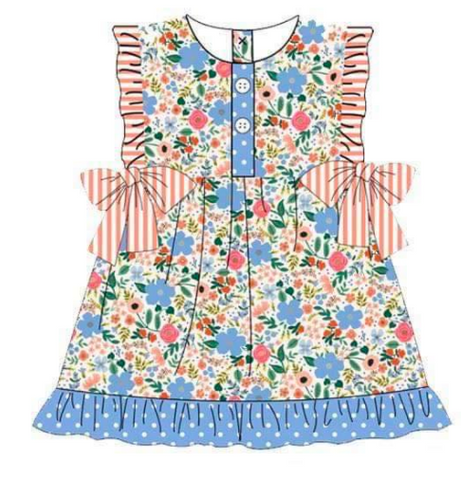 Girls Blue/Coral Floral Knit Dress