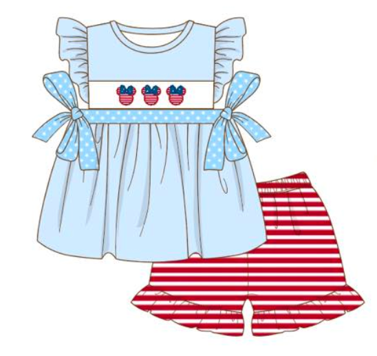 Girls Red/Baby Blue Stripe Patriotic Mouse Applique Short Set