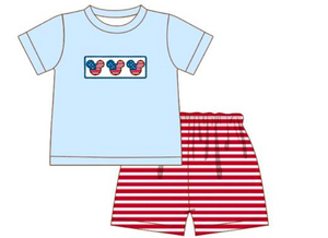 Boys Red/Baby Blue Stripe Patriotic Mouse Applique Short Set