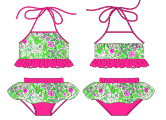 Girls Green/Pink Printed Two Piece Swim