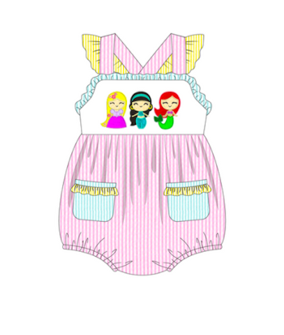 Girls Pink Seersucker Princess Embroidery Bubble