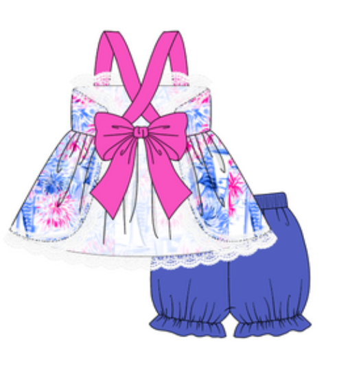 Girls Blue/Pink Firework Printed Tie Back Short Set