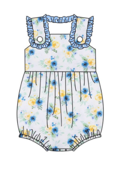 Girls White/Blue Floral Printed Bubble