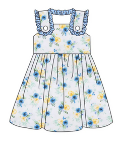 Girls White/Blue Floral Printed Dress