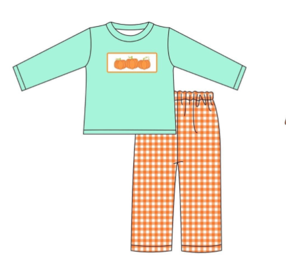 Boys Mint/Orange Pumpkin Embroidery Pant Set