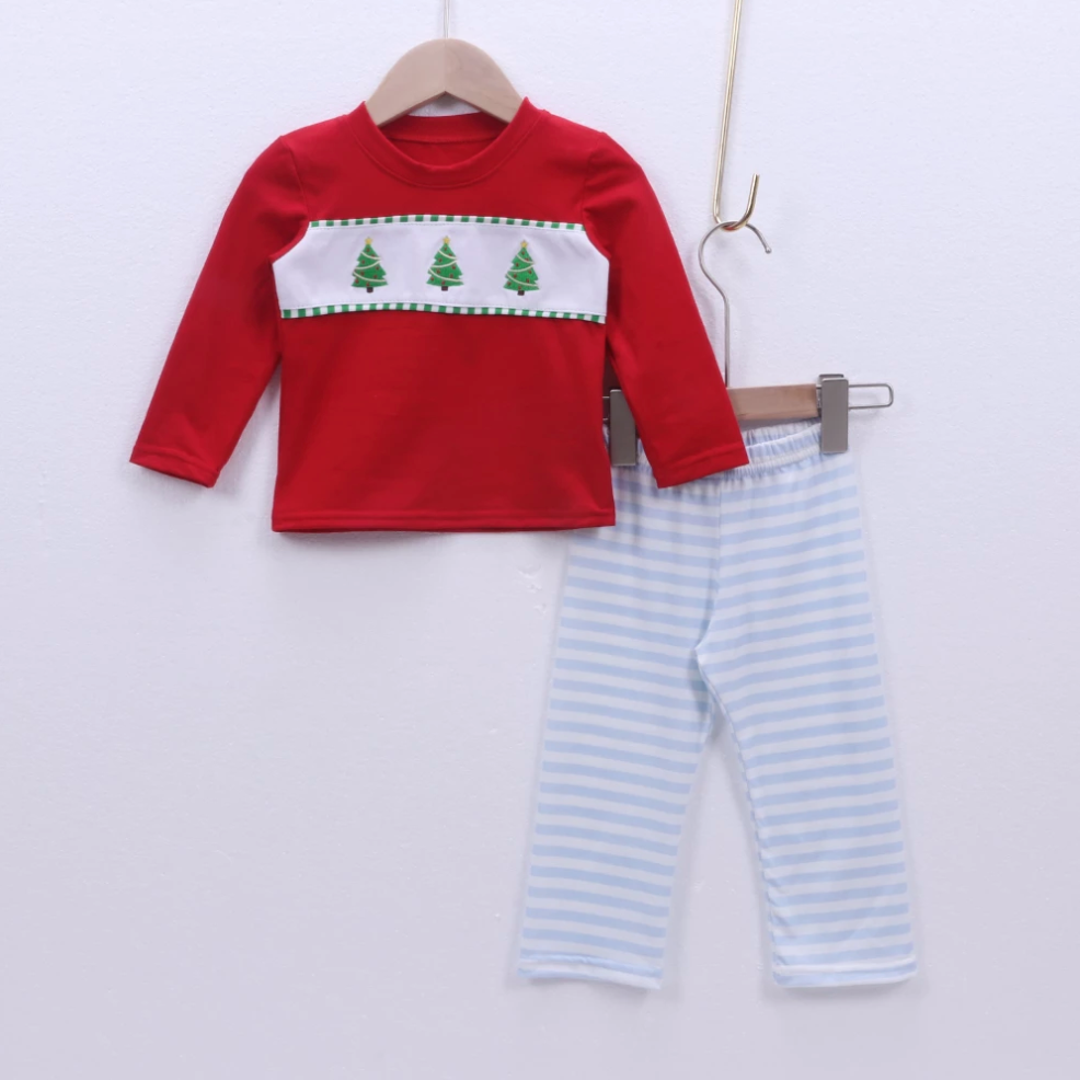 Boys Red/Blue Christmas Tree Embroidery Pant Set