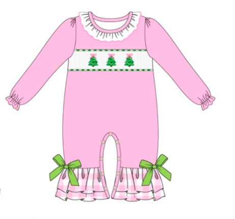 Girls Pink Gingham Christmas Tree Embroidery Romper