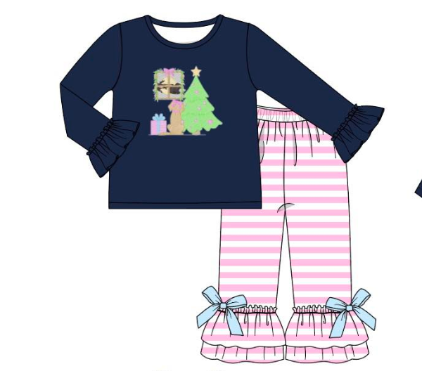Girls Navy/Pink Christmas Puppy Embroidery Pant Set