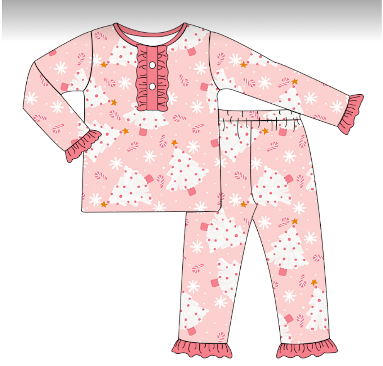 Girls Pink Christmas Tree Pajama Set