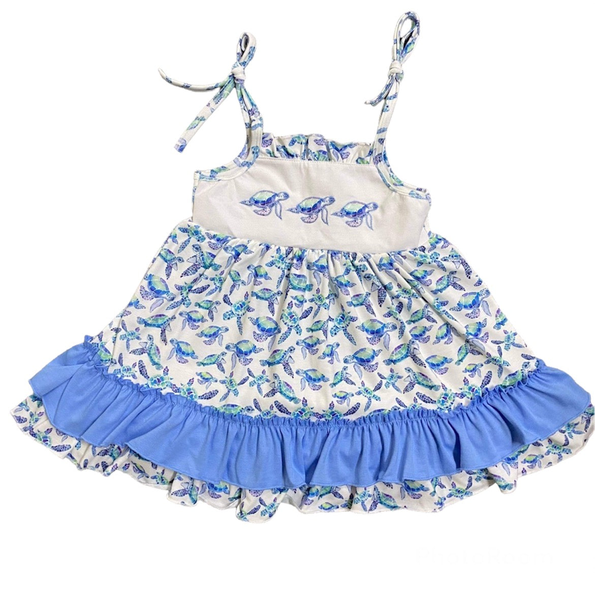 Girls Blue Turtle Embroidery Dress