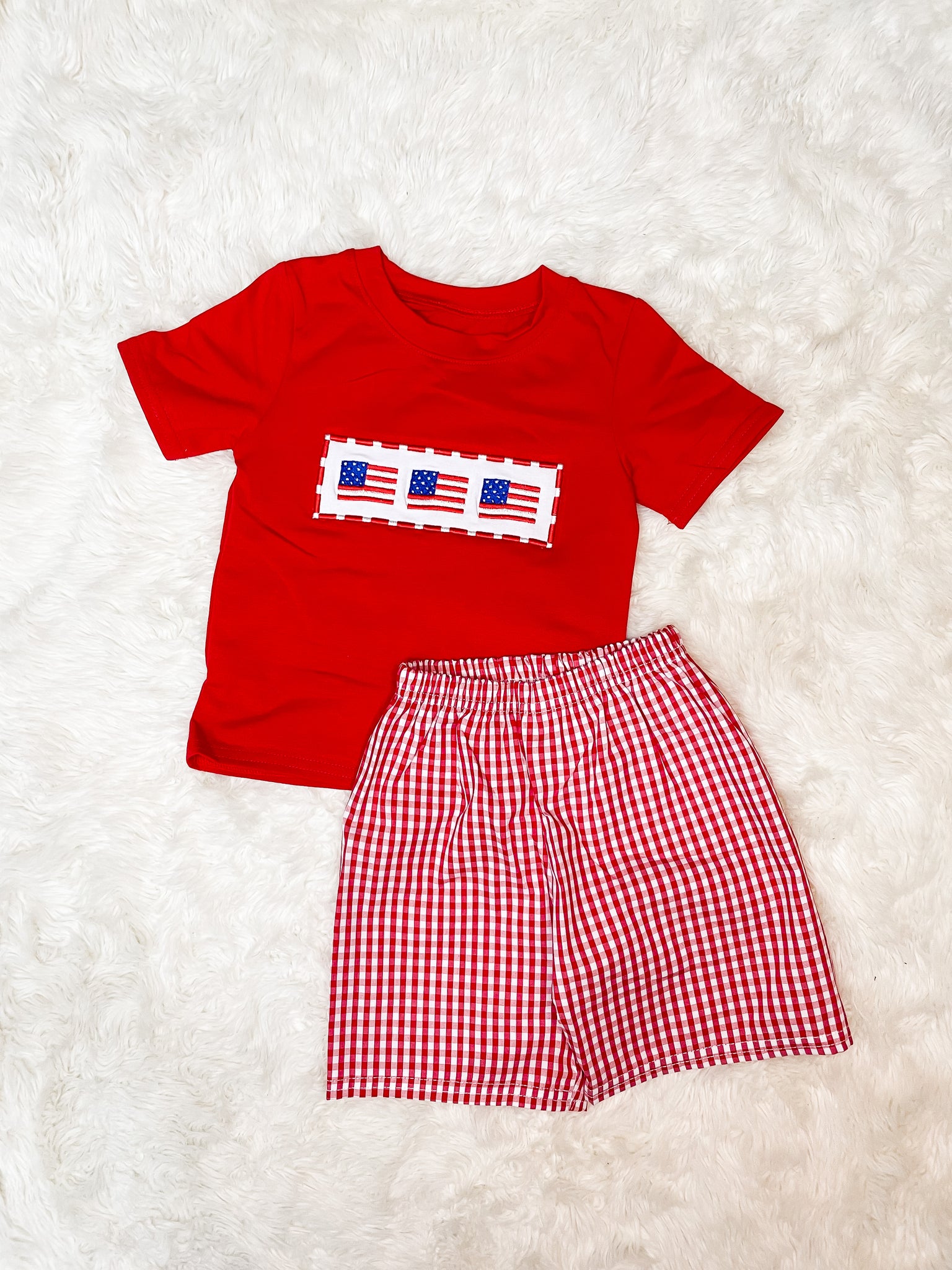 Boys Red Gingham American Flag Embroidery Short Set