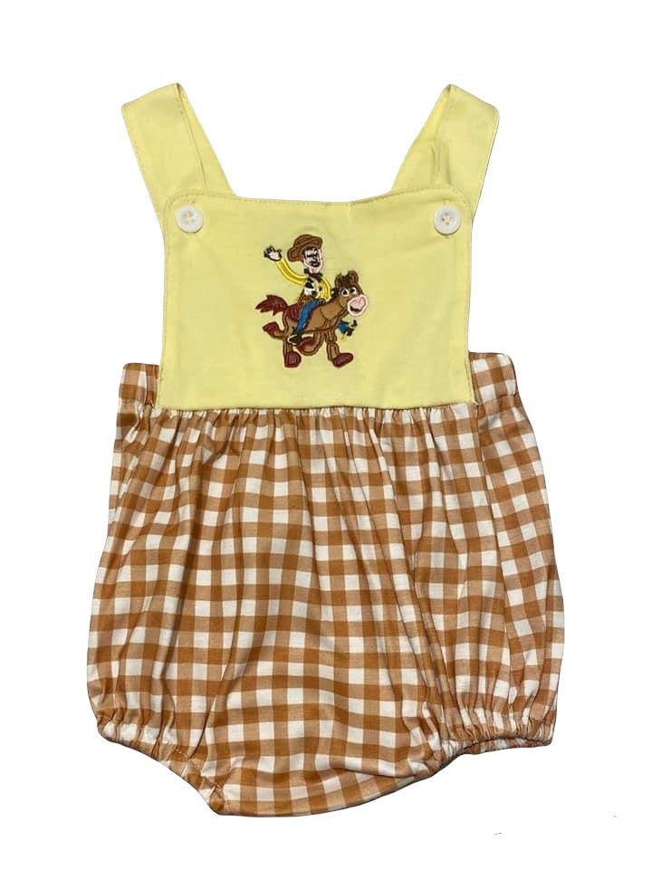 Boys Yellow/Brown Gingham Woody Embroidery Bubble