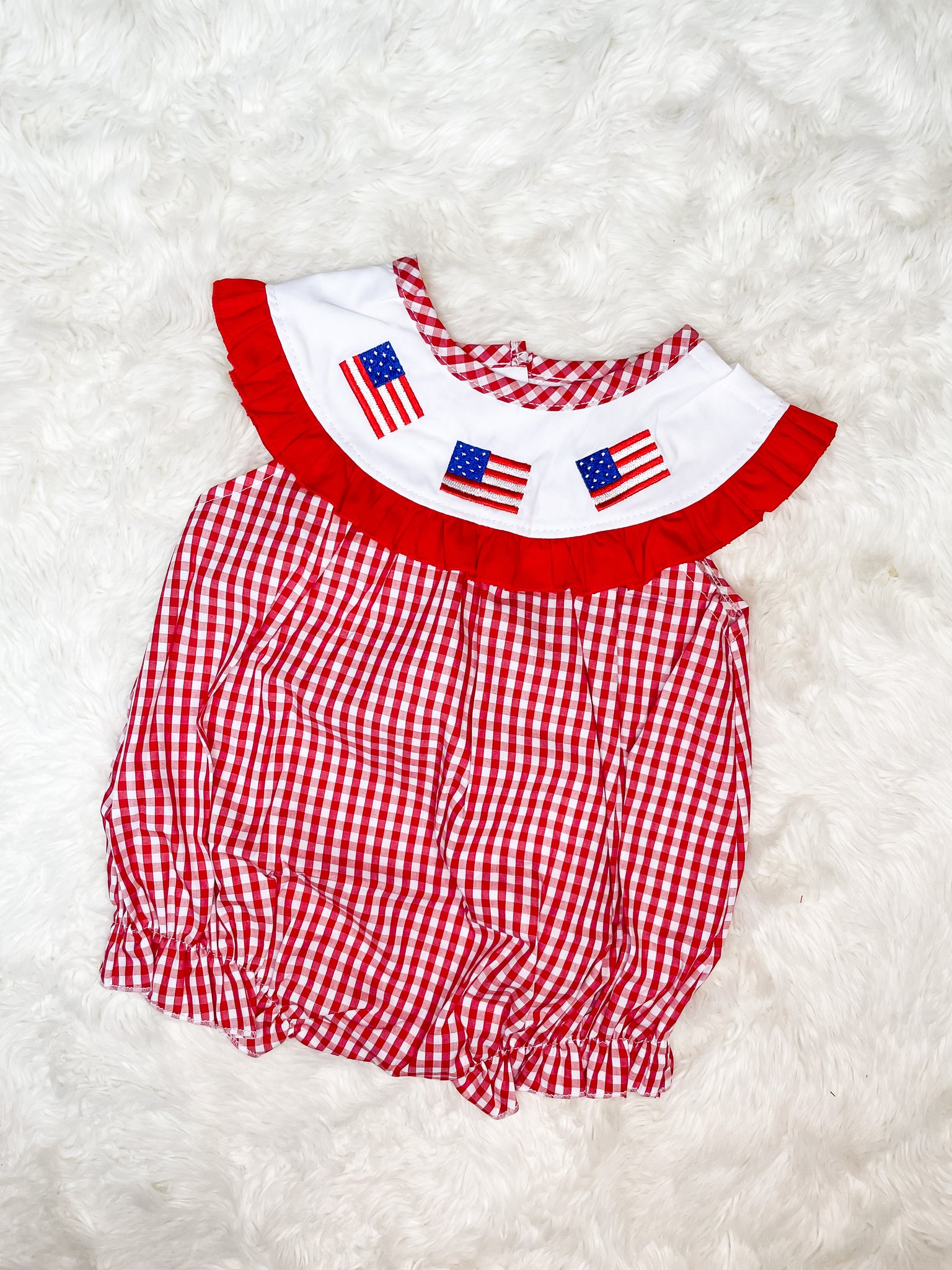 Girls Red Gingham American Flag Embroidery Bubble