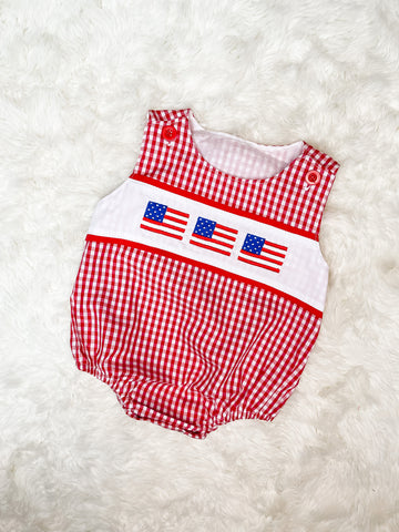 Boys Red Gingham American Flag Embroidery Bubble