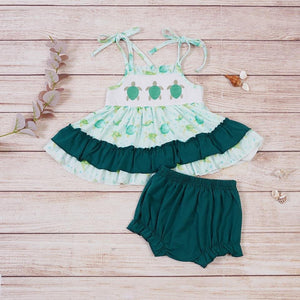 Girls Teal Turtle Embroidery Bloomer Set
