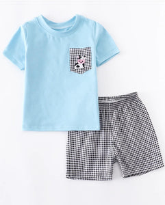Boys Baby Blue Cow Embroidery Short Set