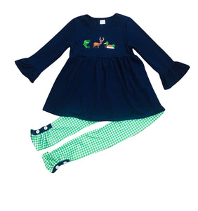 Girls Navy/Green Gingham Hunting Embroidery Pant Set