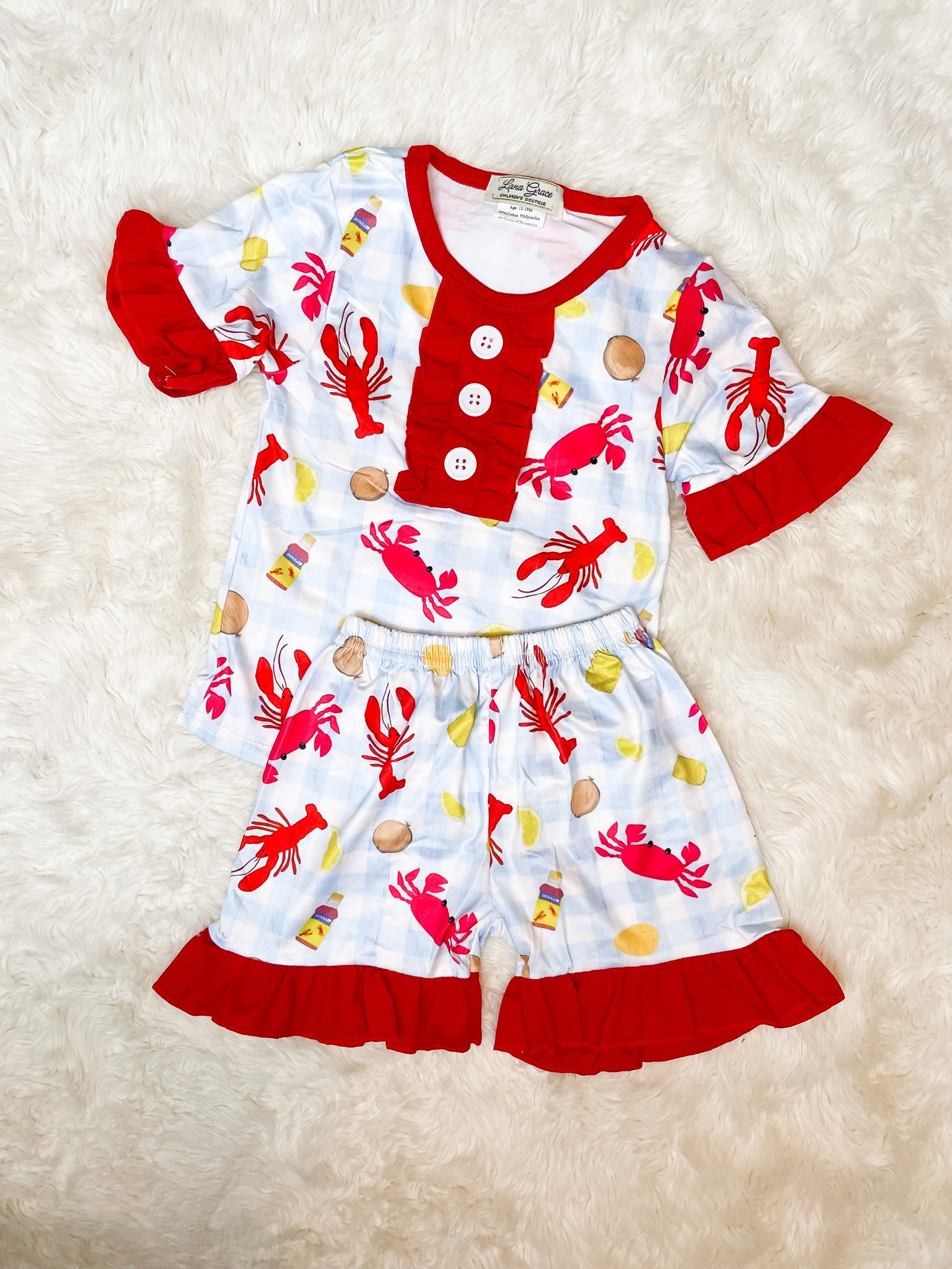 Girls Baby Blue/Red Printed Crawfish Pajamas