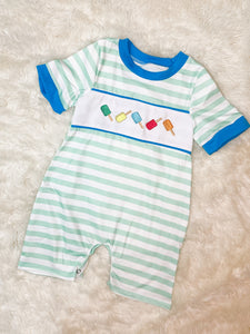 Boys Mint Popsicle Embroidery Romper