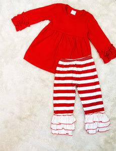 Girls Red Stripe Ruffle Pant Set